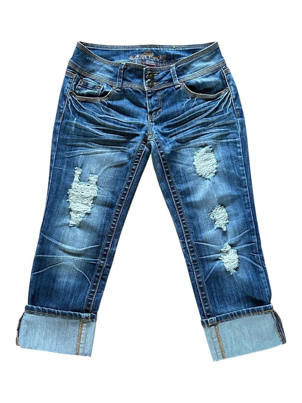 Almost Famous Distressed Capri Jeans with Rolled Cuffs